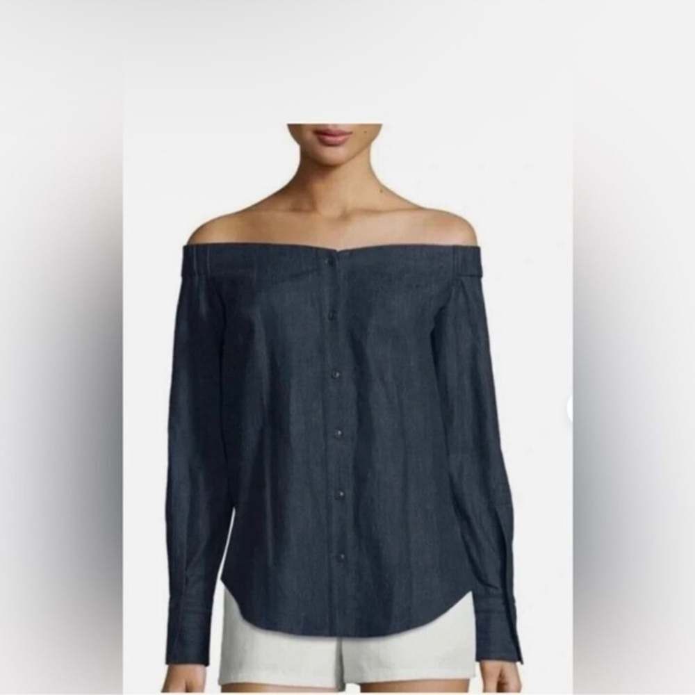 Rag & Bone Kacy Denim Off The Shoulder Button Up Shirt Top Blouse Indigo Blue M